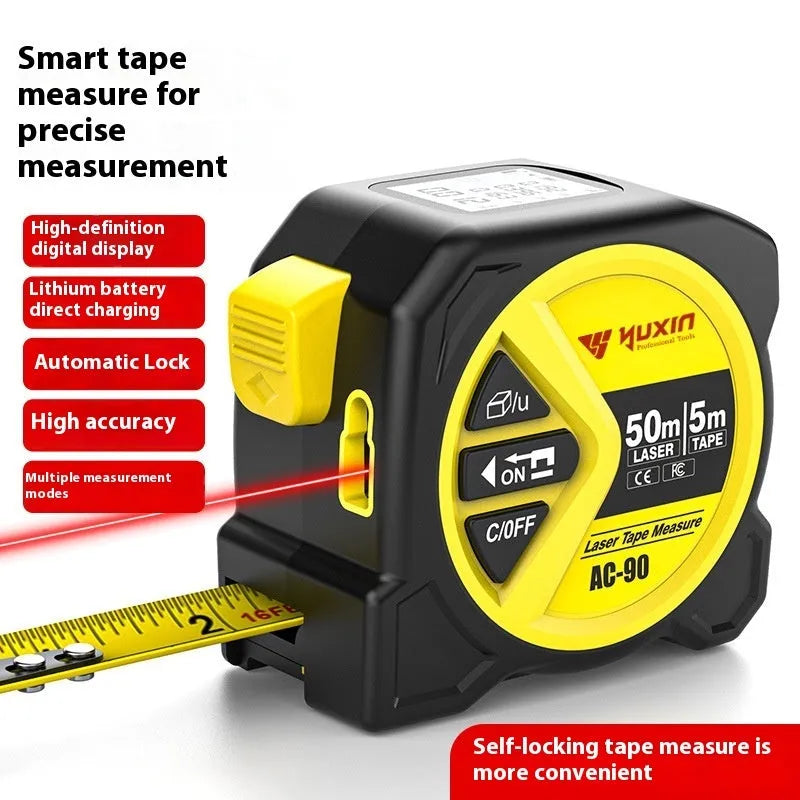 Three-in-one laser tape measure with 50m range, ABS TPR body, and rechargeable lithium battery