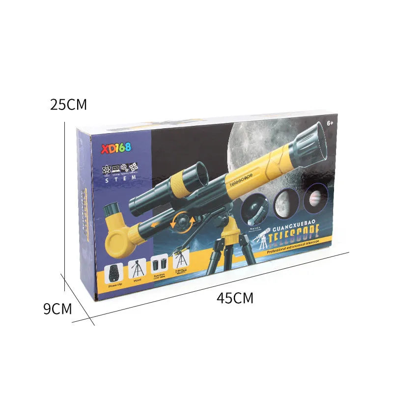 White or yellow plastic astronomical telescope with tripod for kids astronomy