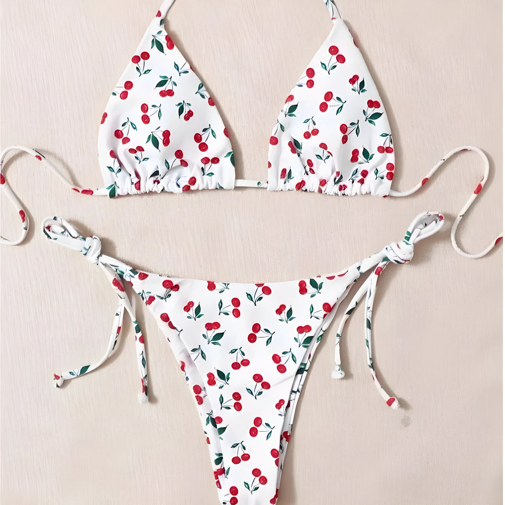 Holiday split halter bikini swimming costume with backless design and solid colour