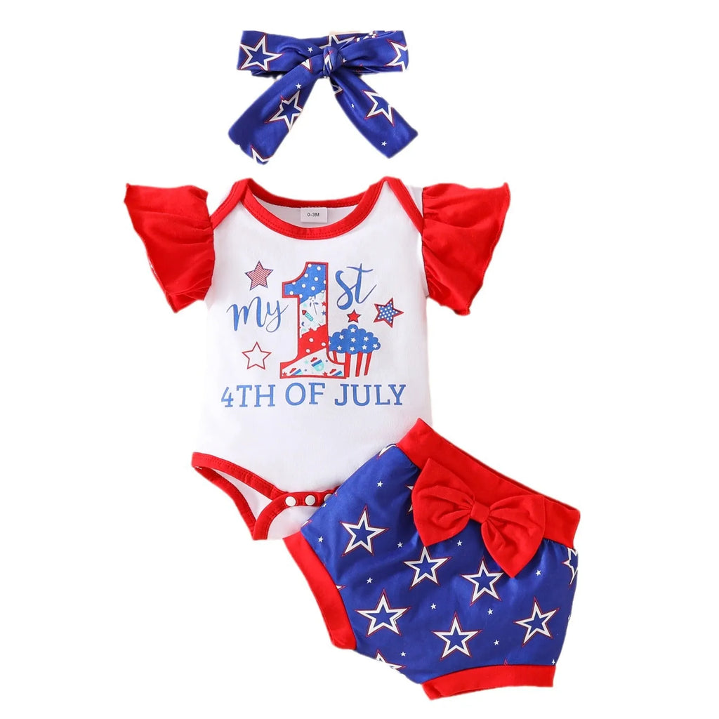 Baby sleeveless shorts suit summer three-piece set in blue with top, shorts and headscarf