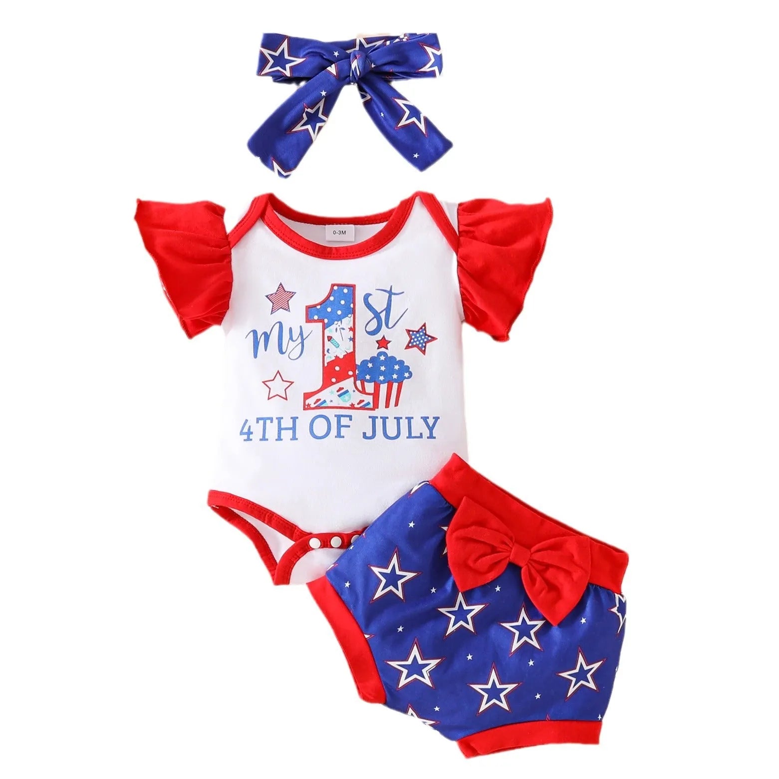 Baby sleeveless shorts suit summer three-piece set in blue with top, shorts and headscarf