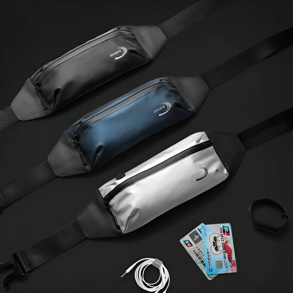 Men's blue waterproof sports waist bag with secure fastening, shown with dimensions