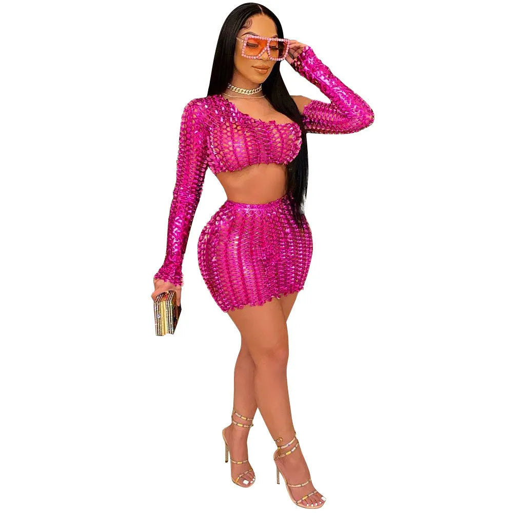 Women's hollow-out net hole two-piece dress set in polyester fabric