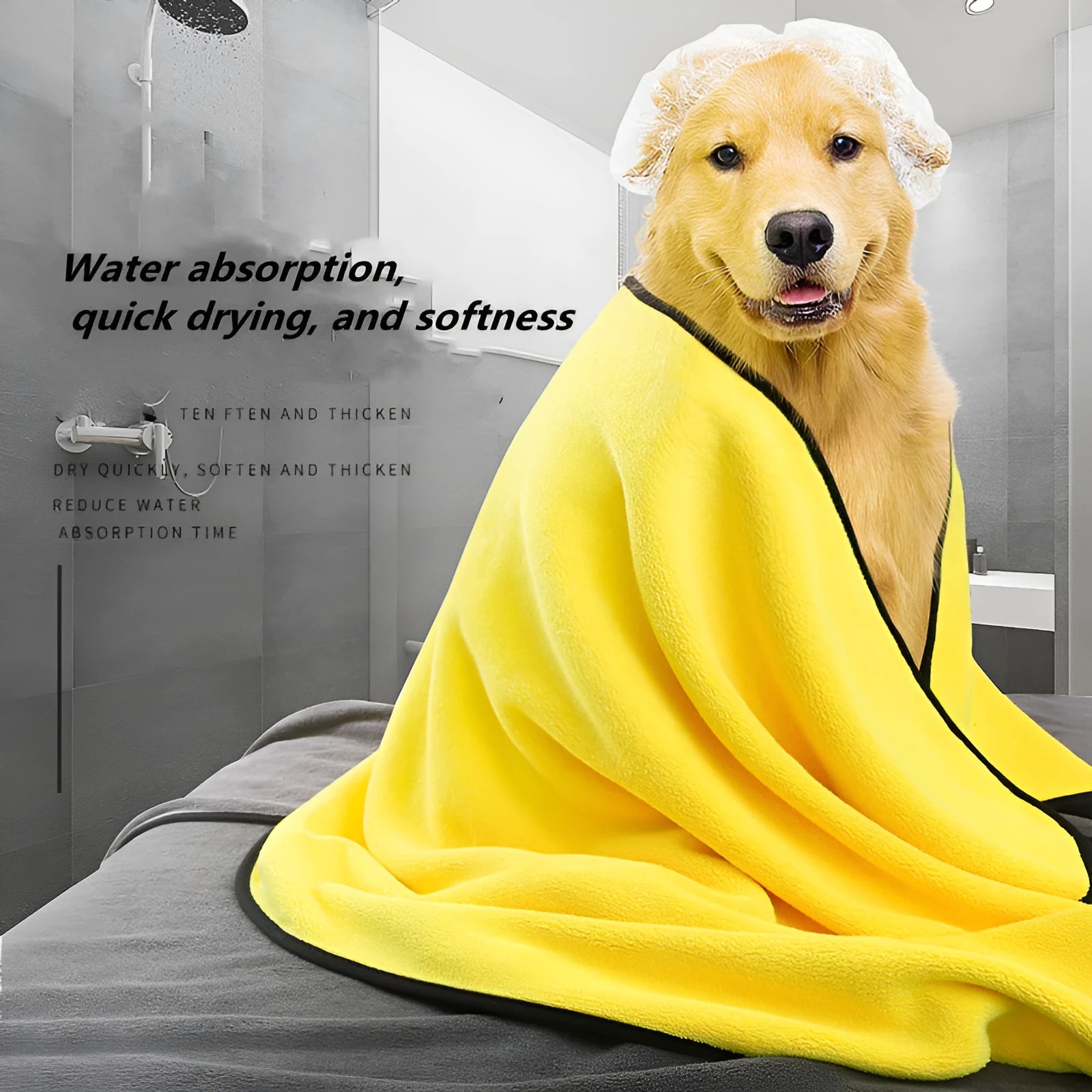 Yellow microfiber dog drying towel with hook loop, super absorbent for pets