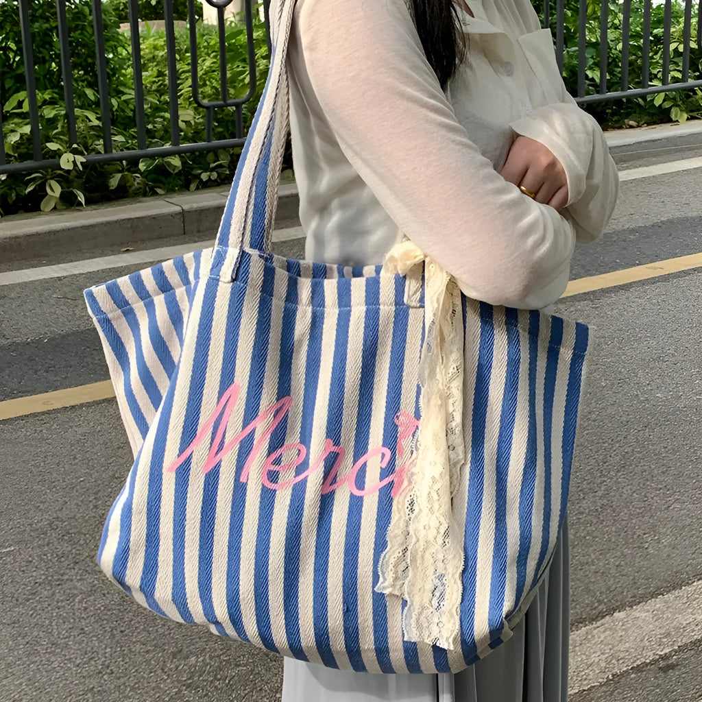 Blue striped letters printed cotton canvas bag with pink blue and white stripes