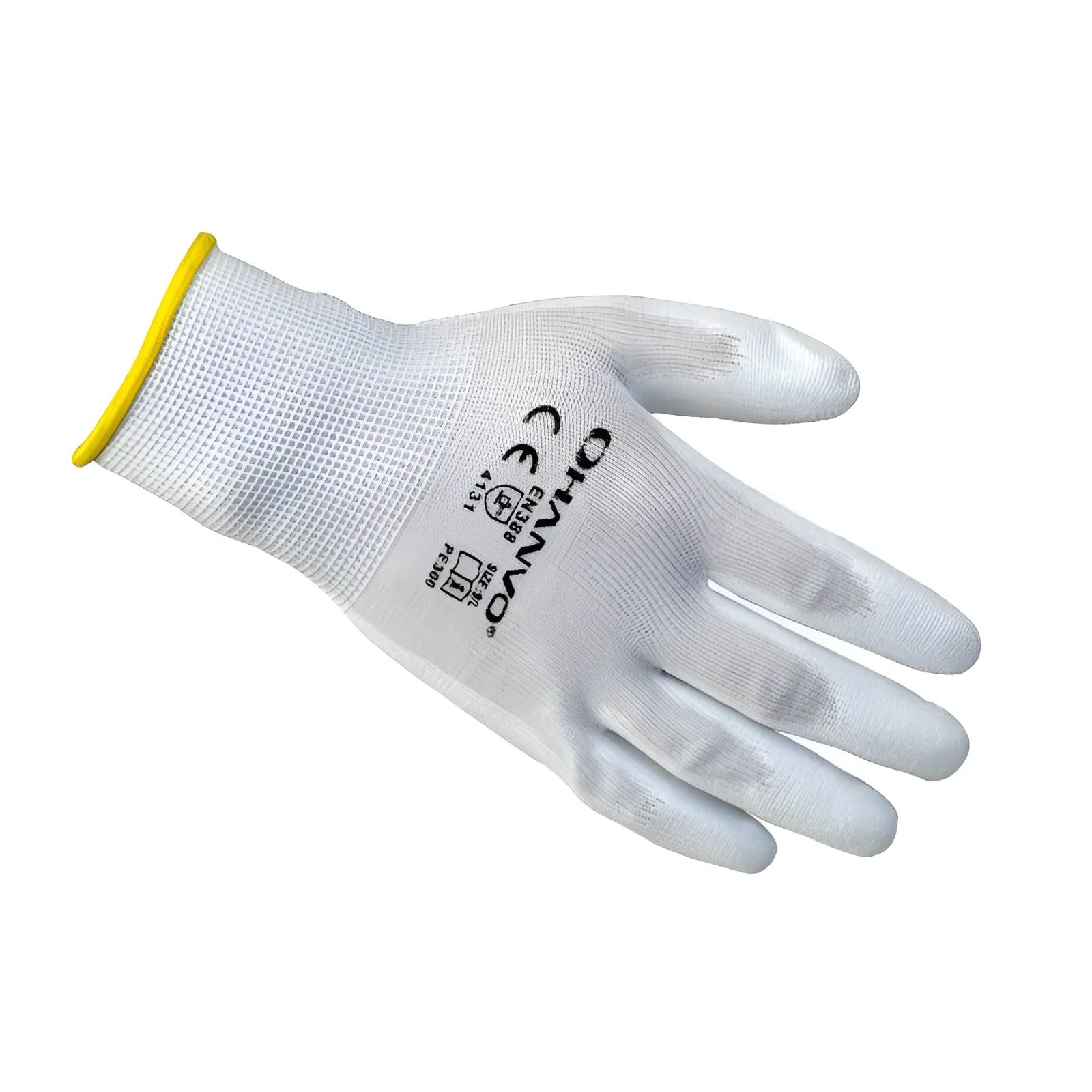 White PU coated work gloves showing flexible design and 24cm length, suitable for labour and gardening