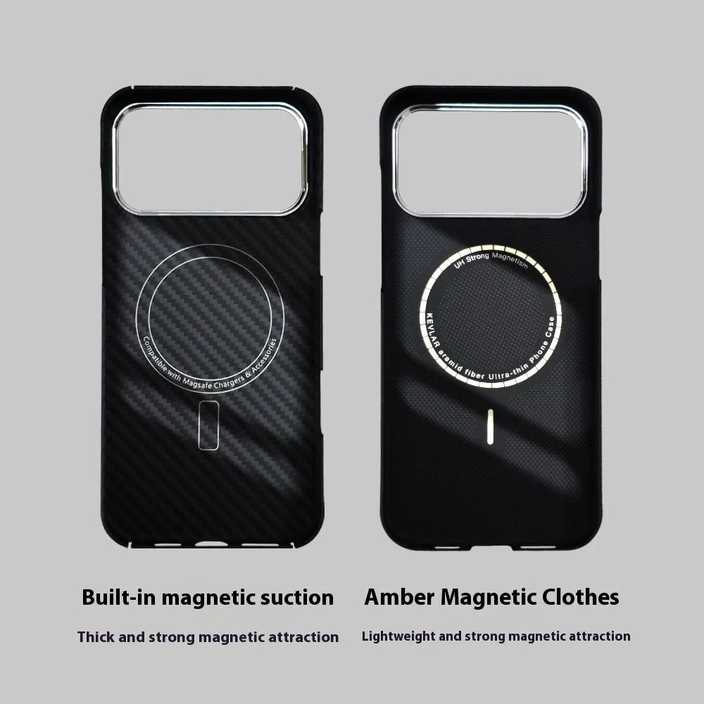 Black aramid fibre magnetic phone case for Apple iPhone 17 series with 6D micro relief texture