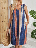 Colour block striped sleeveless V-neck vest dress on a hanger.