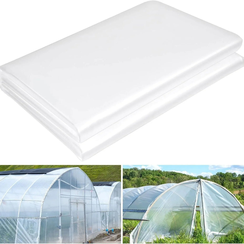 Roll of 4 metre wide, 8 metre long clear plastic greenhouse film for vegetable shed insulation.
