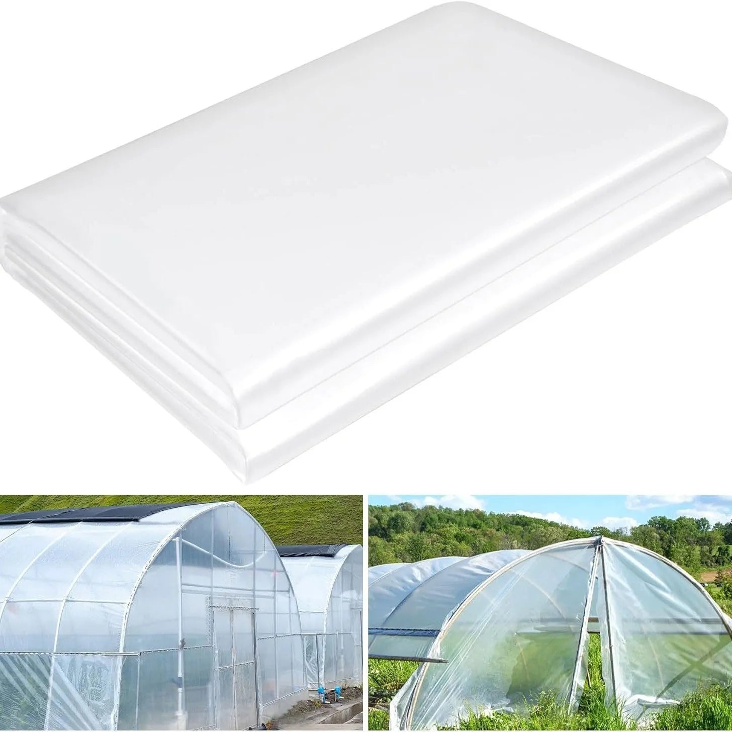 Roll of 4 metre wide, 8 metre long clear plastic greenhouse film for vegetable shed insulation.