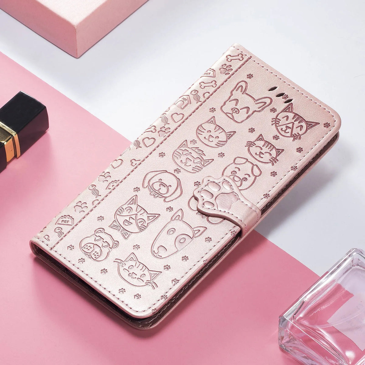 iPhone 16 TPU leather phone case with invisible bracket in pink, blue, rose gold, purple, gold, grey, green or yellow.