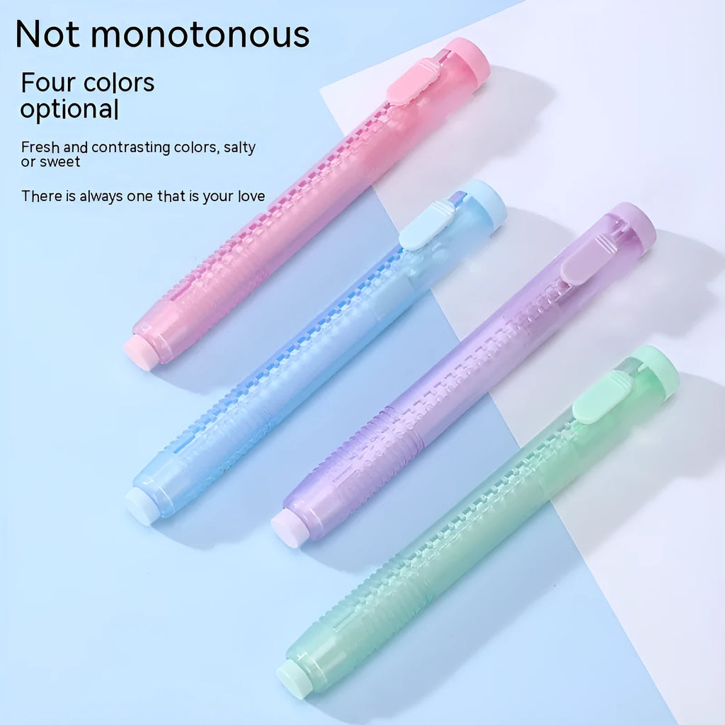 Push type automatic eraser in four colour options showing compact 12cm by 8cm rectangular design