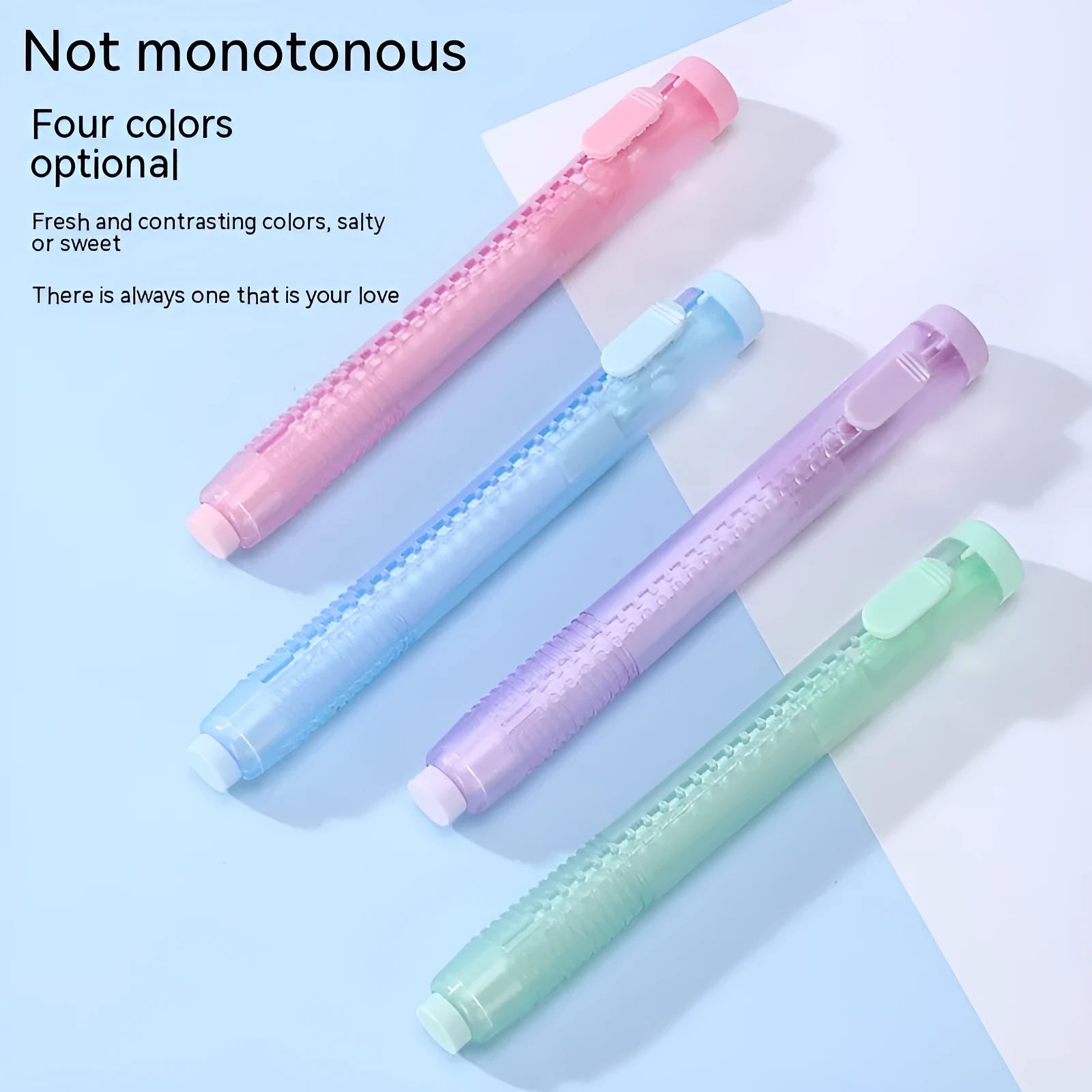 Push type automatic eraser in four colour options showing compact 12cm by 8cm rectangular design