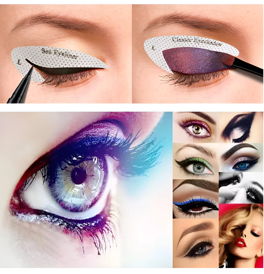 Set of four reusable flexible eyeliner and eyeshadow makeup sticker templates on a pink background