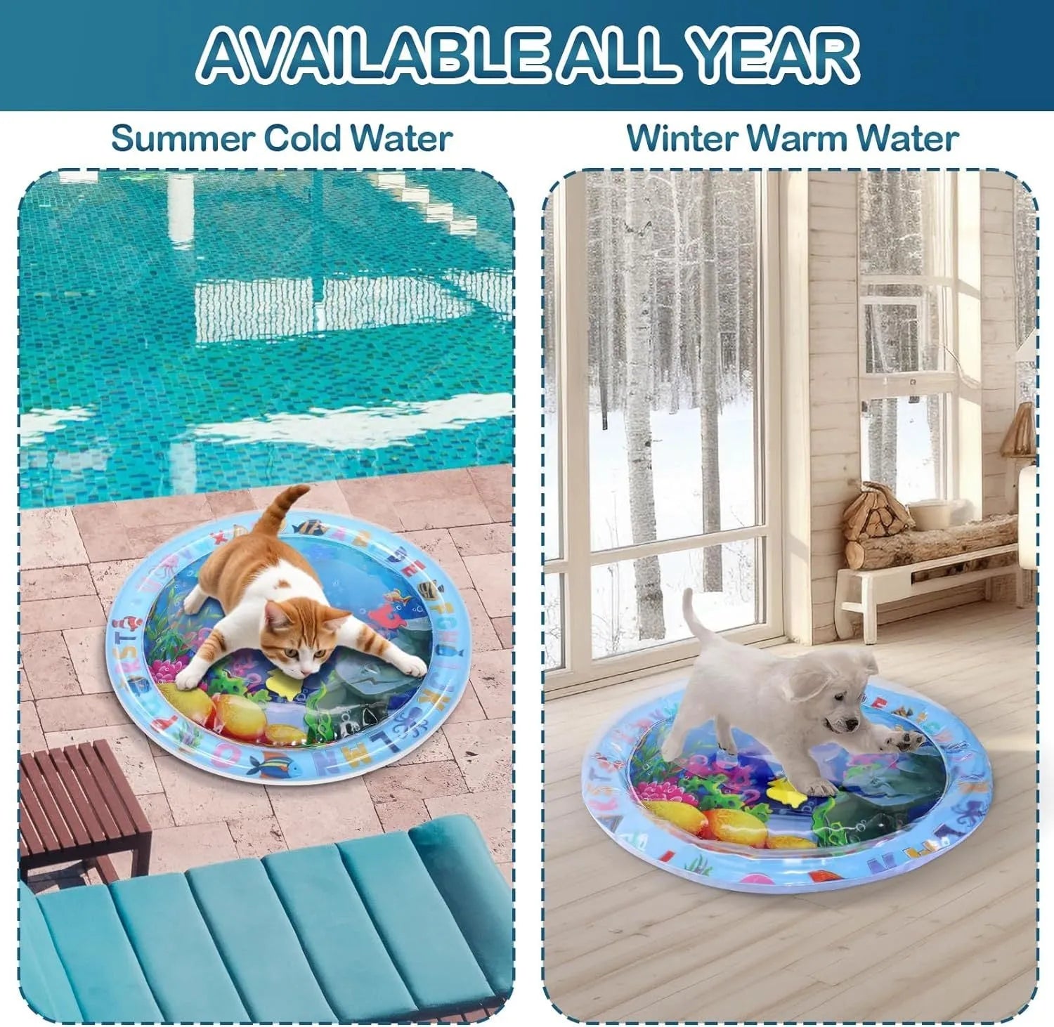 Square blue PVC water playmat for cats with floating fish toys inside, shown inflated on a floor.