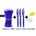 0.5mm hot erasable pen sets in black, blue, and red with refills and nibs on a desk