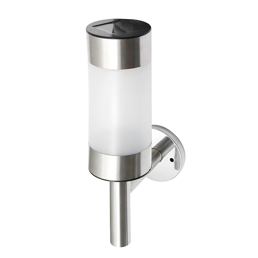 White solar-powered outdoor wall light with solar panel on top, showing compact rectangular design.
