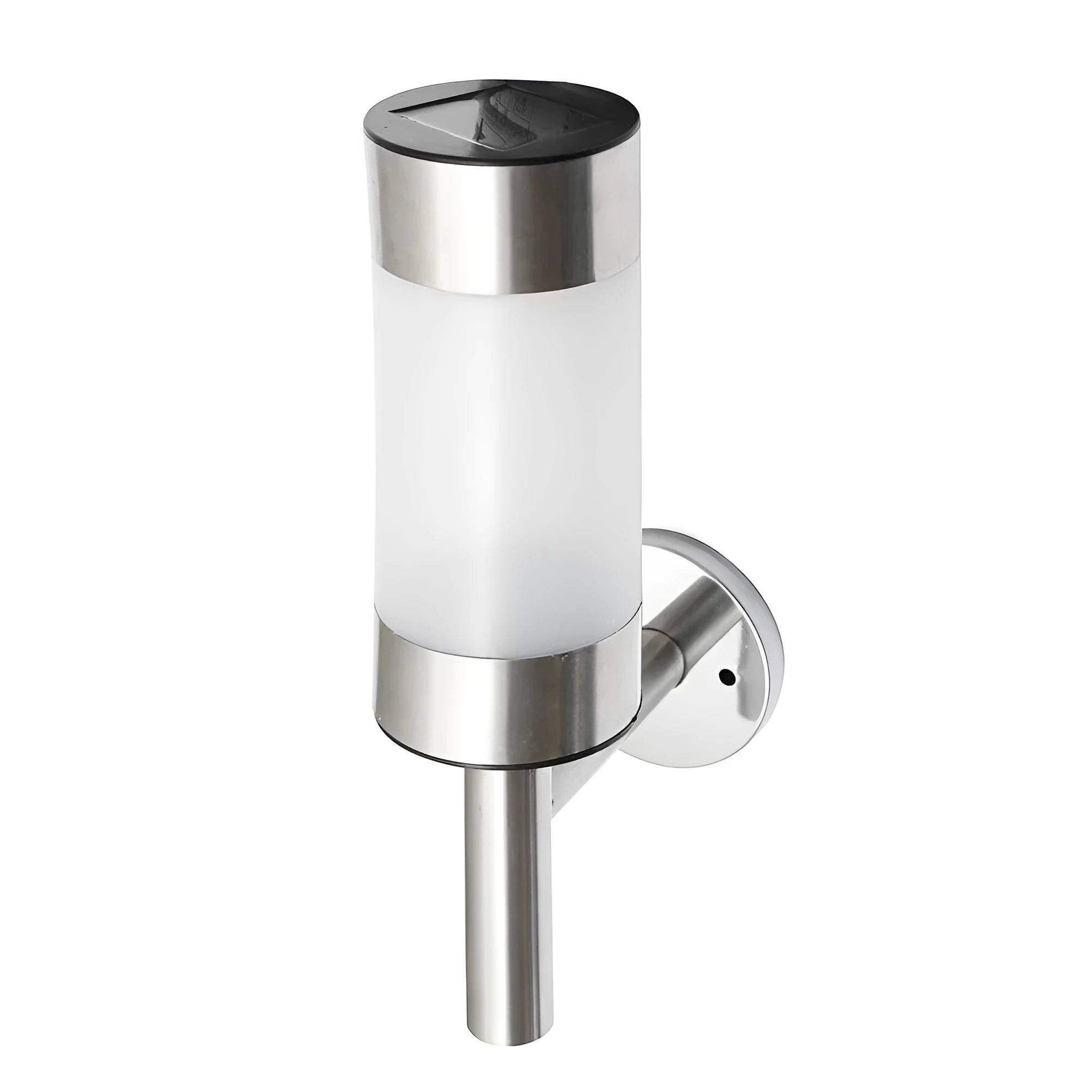 White solar-powered outdoor wall light with solar panel on top, showing compact rectangular design.