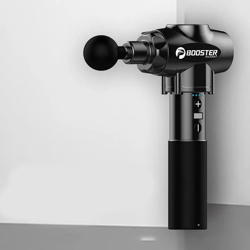 Black and white muscle massage gun with adjustable speed settings for muscle relaxation.