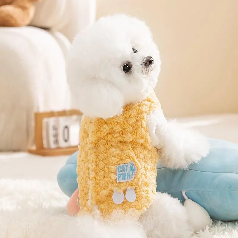 Grey winter dog coat with fleece lining, patches design, and D-ring for small medium dogs