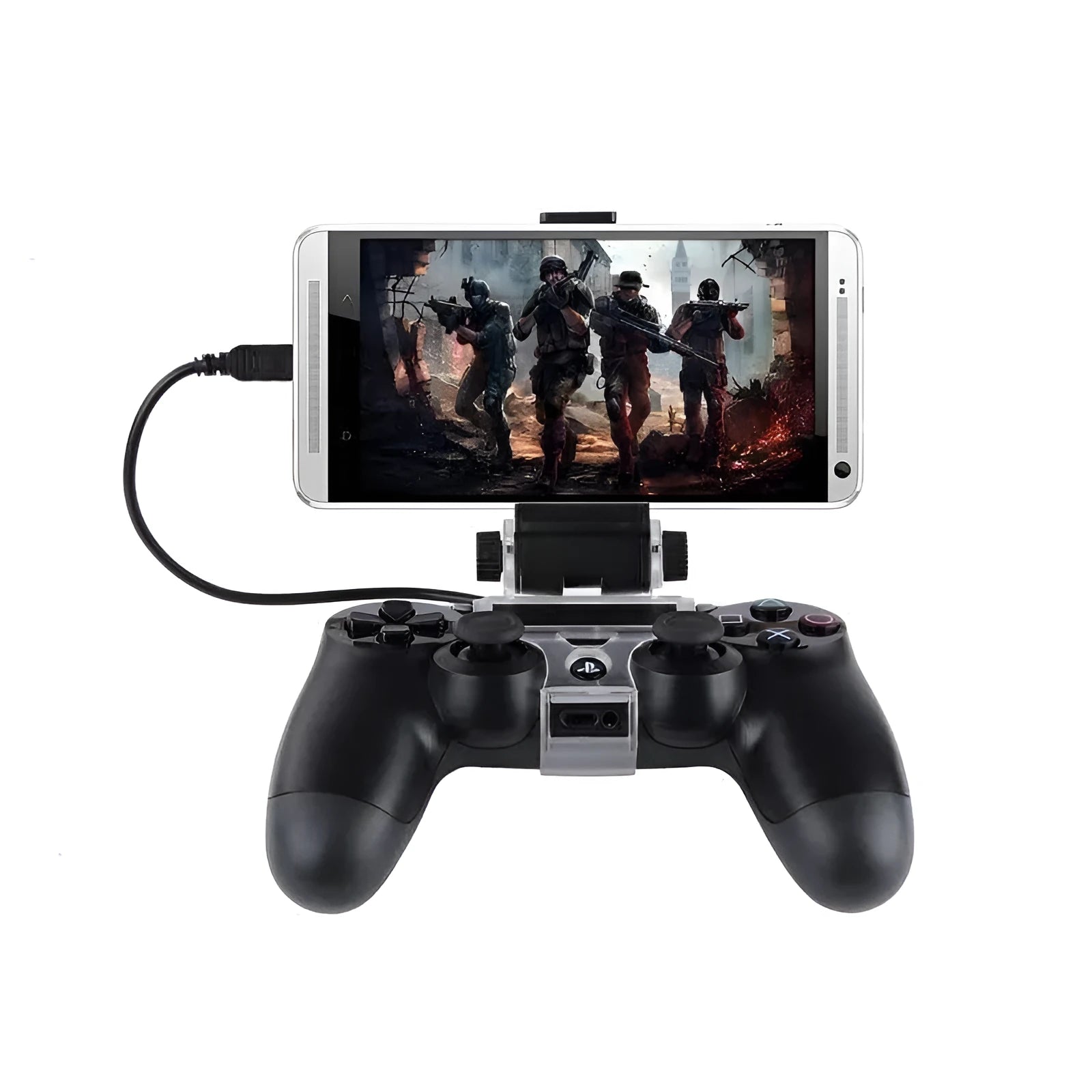 Black PS4 controller mobile phone clip mount with attached OTG micro USB cable for Android gaming.