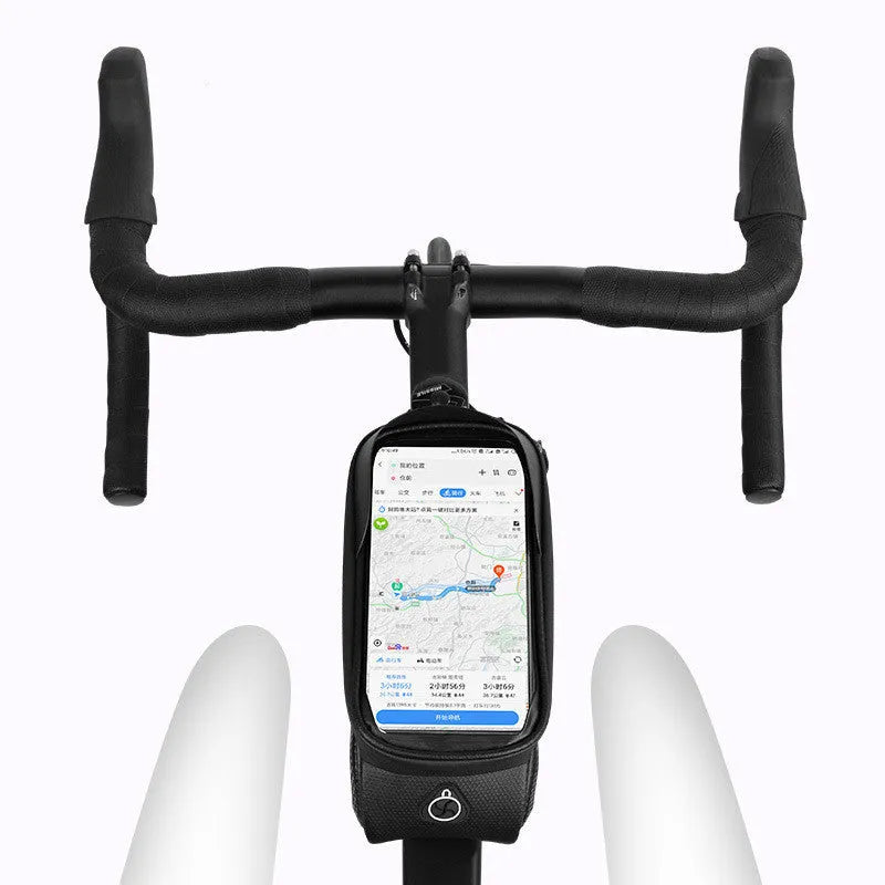 Black grey EVA bicycle phone bag with touchscreen window and reflective straps mounted on mountain bike frame