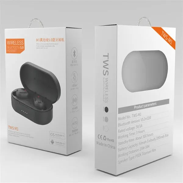 M1 Bluetooth wireless earbuds in black and white colours with 10m range
