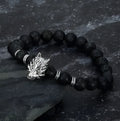 Asgard grey wolf head and lava stone bracelet in silver finish on neutral background