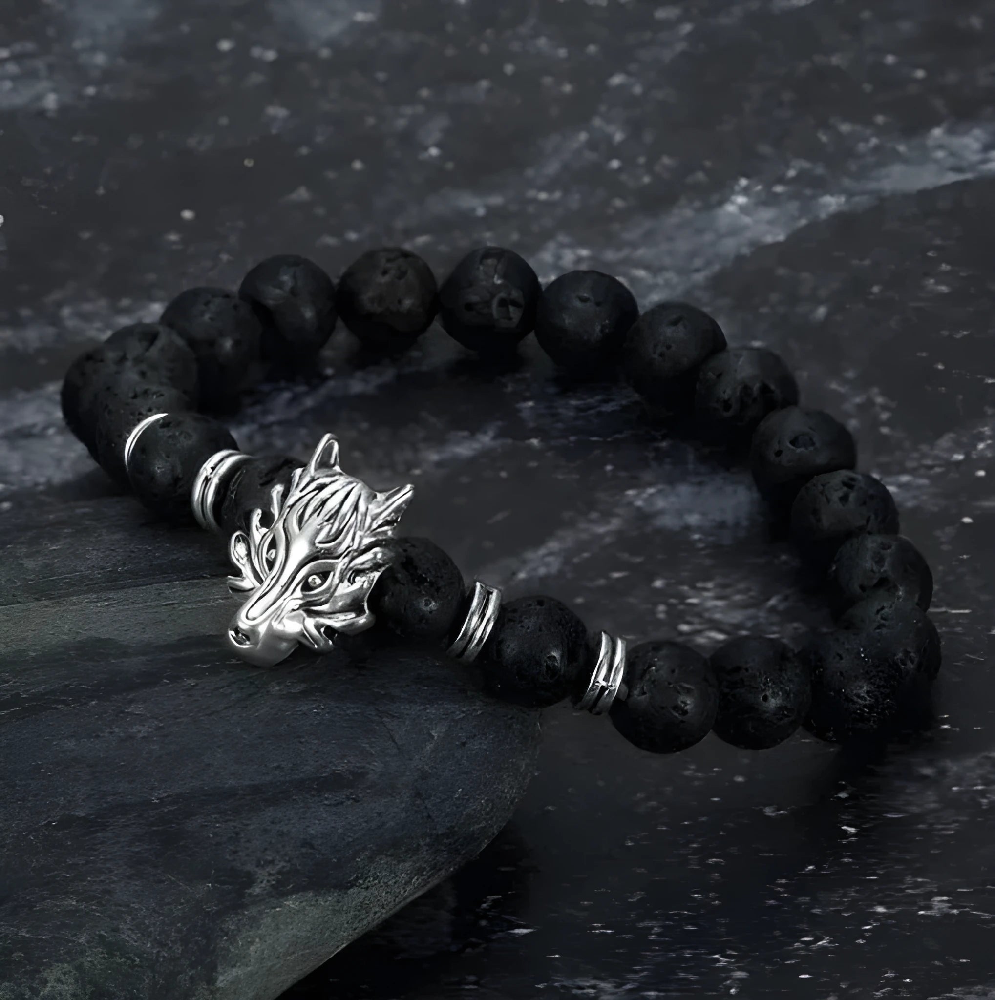 Asgard grey wolf head and lava stone bracelet in silver finish on neutral background