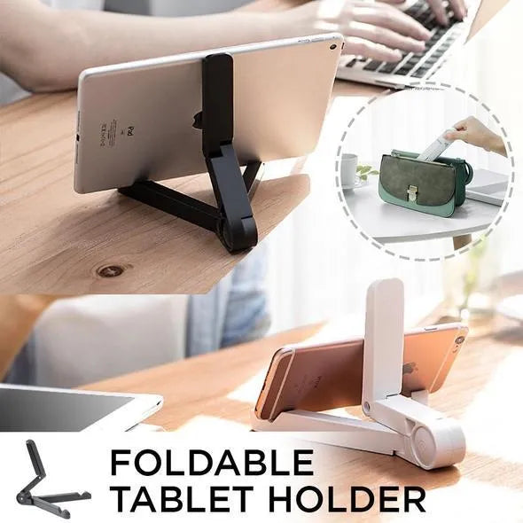 Black foldable tablet holder showing folded size next to tablet for scale