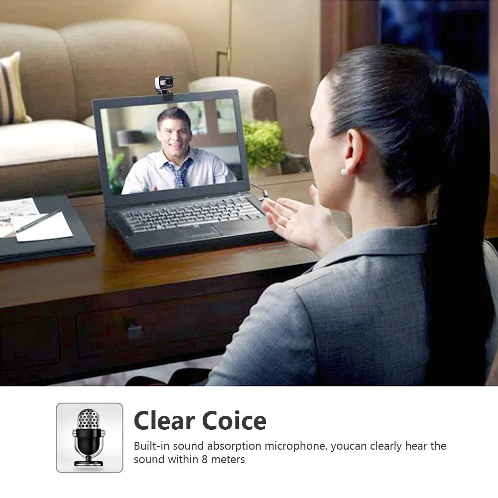 Blue mini USB webcam on a stand showing its 360-degree rotating base and focus ring.
