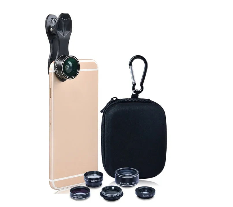 Black 5-in-1 smartphone lens kit with universal clip, fisheye, wide angle, macro and telephoto lenses