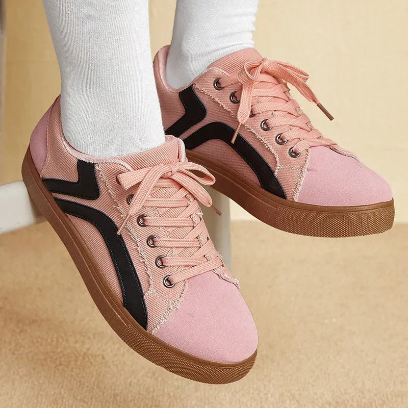 Women's canvas low top skateboard shoes with colour block sewing thread detail, beige brown colour, flat heel, front lace-up