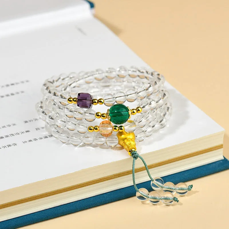 White crystal 108-bead rosary bracelet necklace with geometric ethnic style design