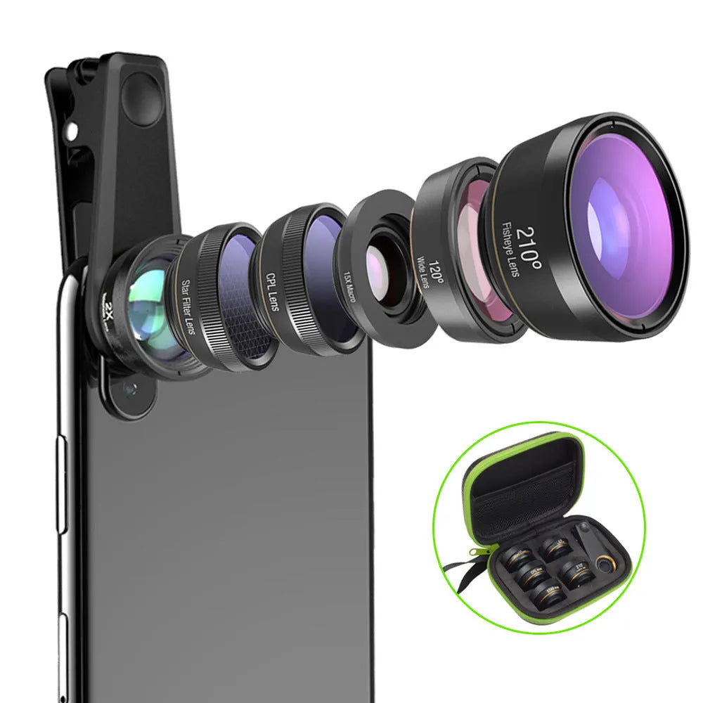 Black 6-in-1 smartphone camera lens kit with fisheye, wide-angle, telephoto lenses and filters in a case.