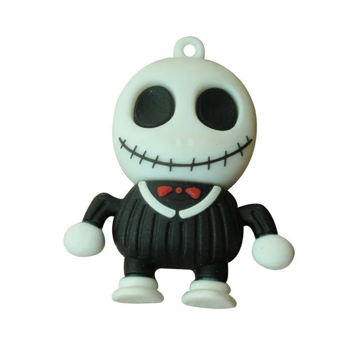Halloween skeleton skull shaped USB flash drive on a keychain, showing PVC shell in a selected style.