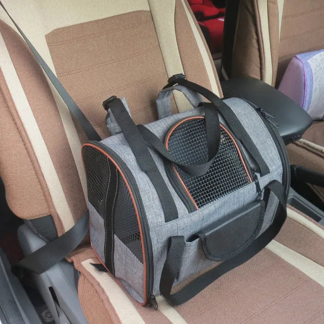 Multi-functional folding pet carrier bag for cats and dogs, frosted leather waterproof PVC, brown, unfolded size 35x23x28 cm