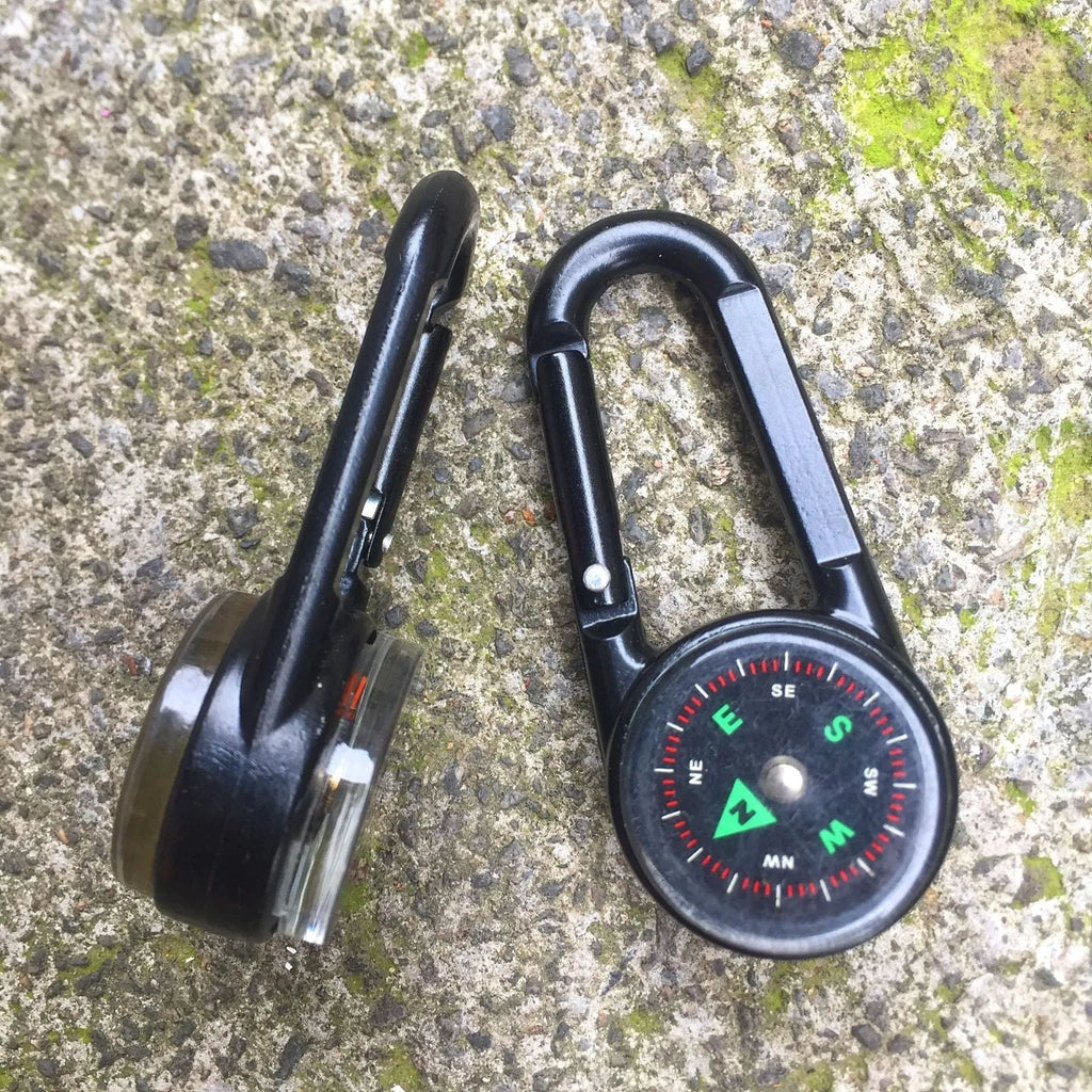Black zinc alloy carabiner with liquid thermometer display and climbing button mechanism