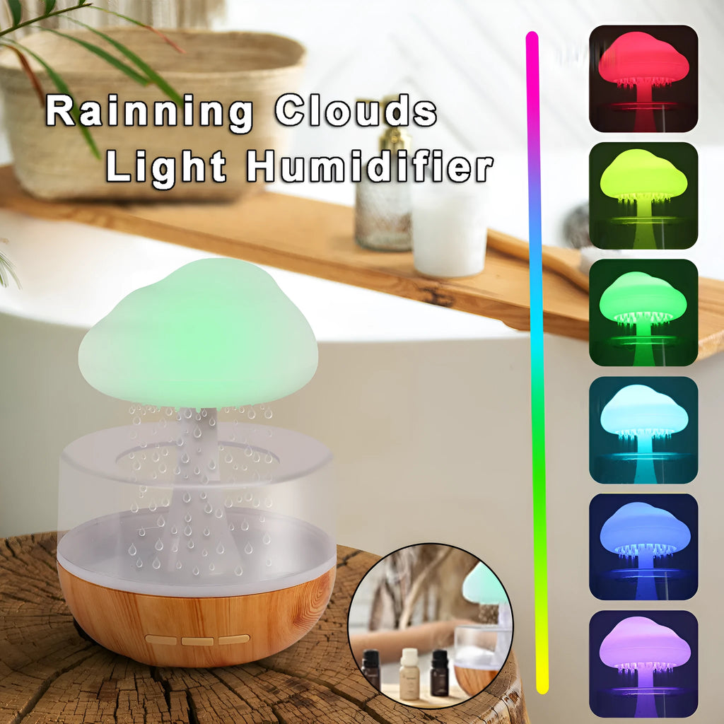 White raining cloud shaped humidifier with essential oil diffuser and multi-colour night light