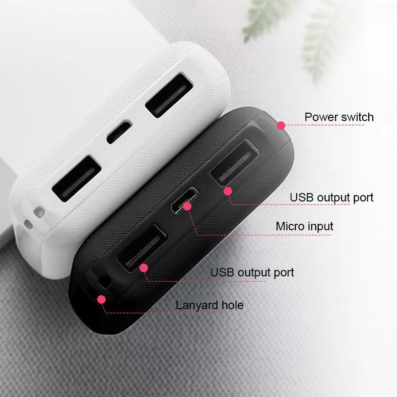 Ultra-thin 10,000mAh power bank measuring 90x63x22mm with multiple USB ports in black or white colour