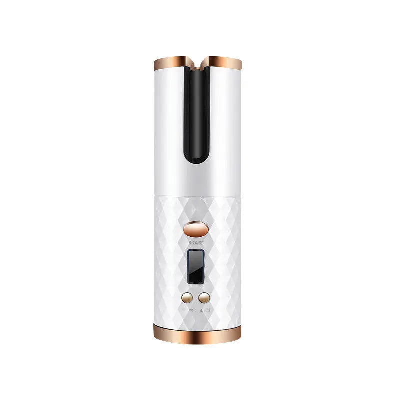 Black rechargeable automatic hair curler with LCD display and rotating ceramic barrel.