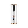 Black rechargeable automatic hair curler with LCD display and rotating ceramic barrel.