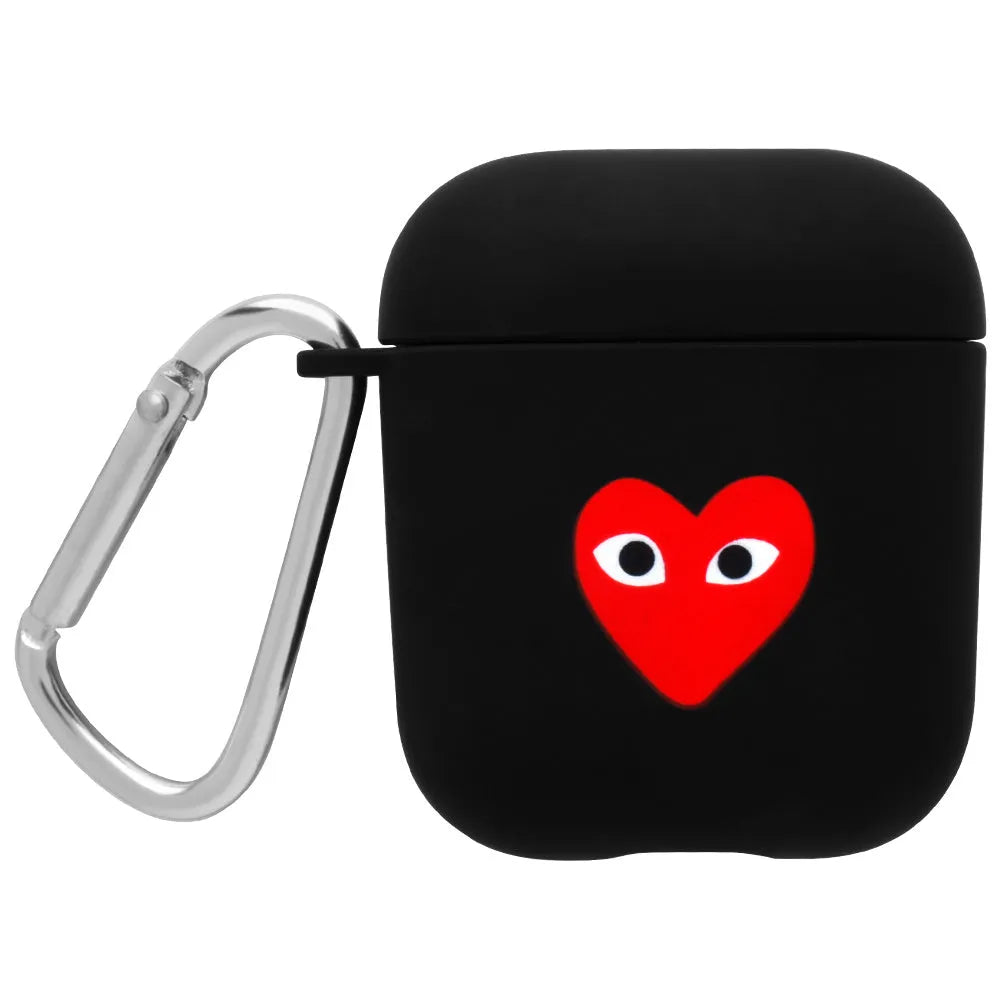 Black and Pink AirPods case covers with Flower, Love, and Smiley face emoji designs.