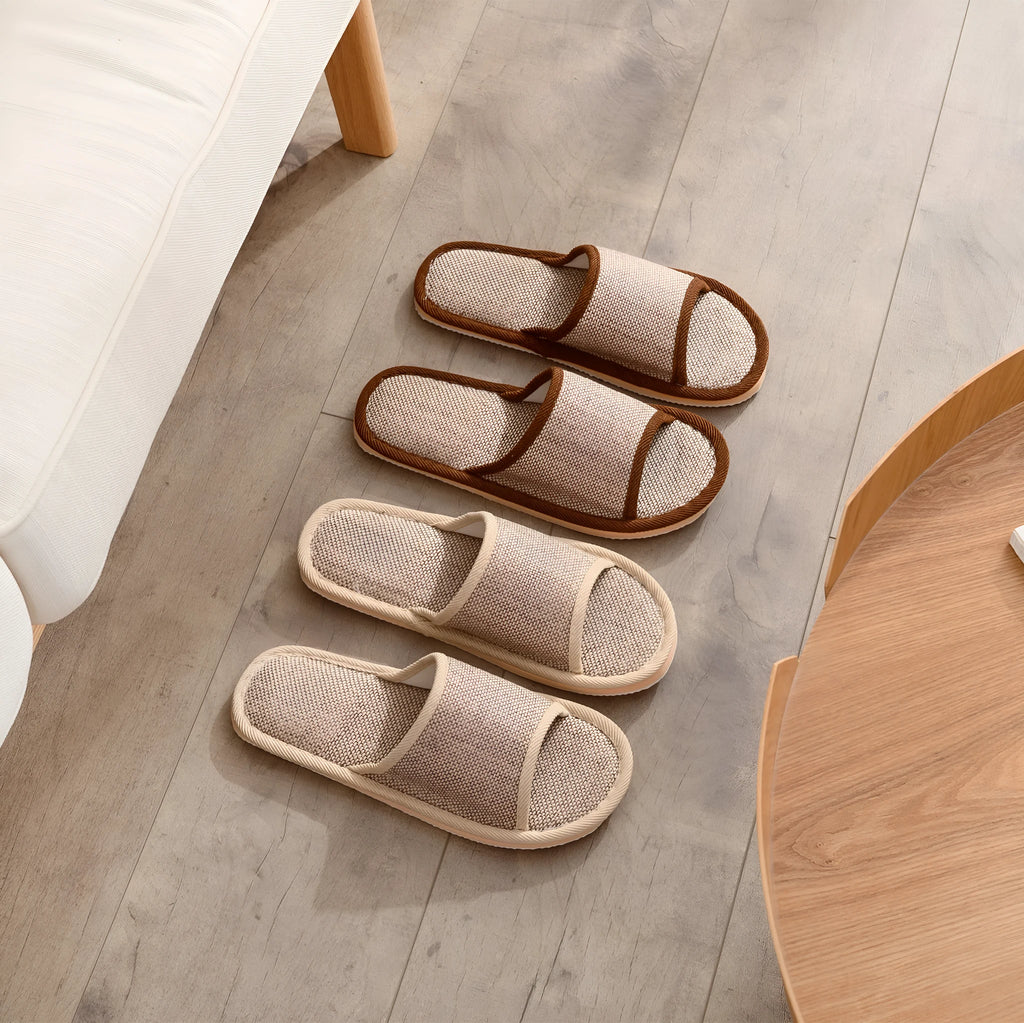 Women's open toe linen slippers in light brown, showing thickened sole and breathable design.