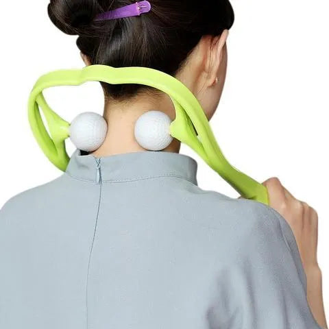 Swan-shaped hand roller neck massager with removable heads in blue, green, and pink colours