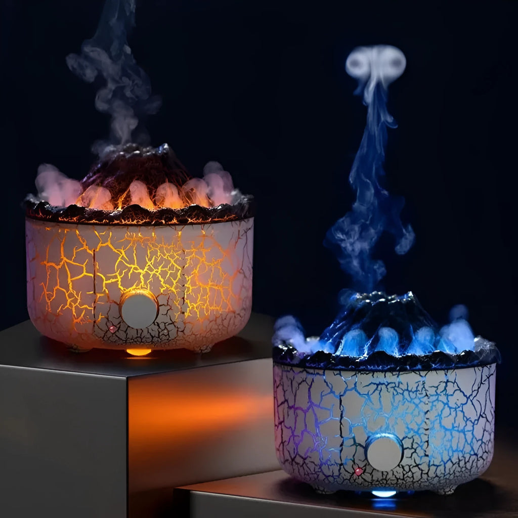 Column-shaped volcano humidifier emitting mist with colourful LED lights and remote control