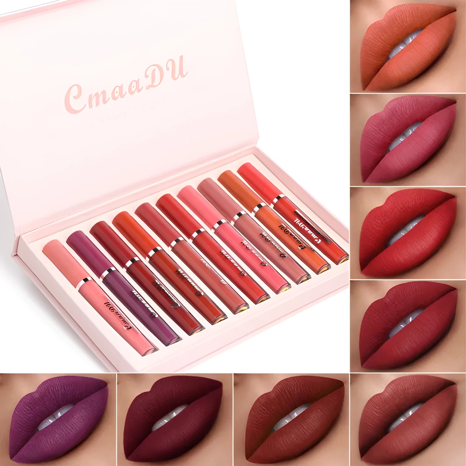 Set of 10 women's matte lipsticks in assorted colours with waterproof and non-stick cup features.