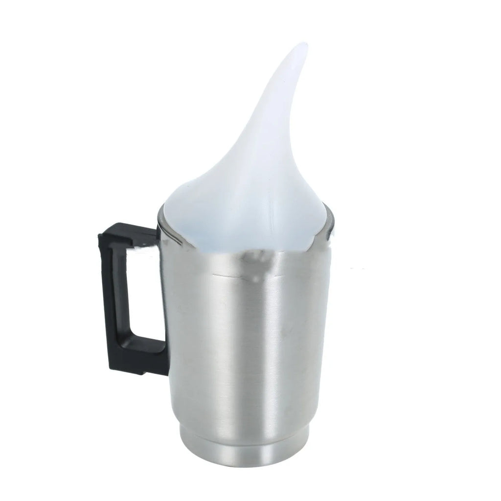 Stainless steel headlamp repair cups with elbow and funnel covers next to GB/US and European power adapters