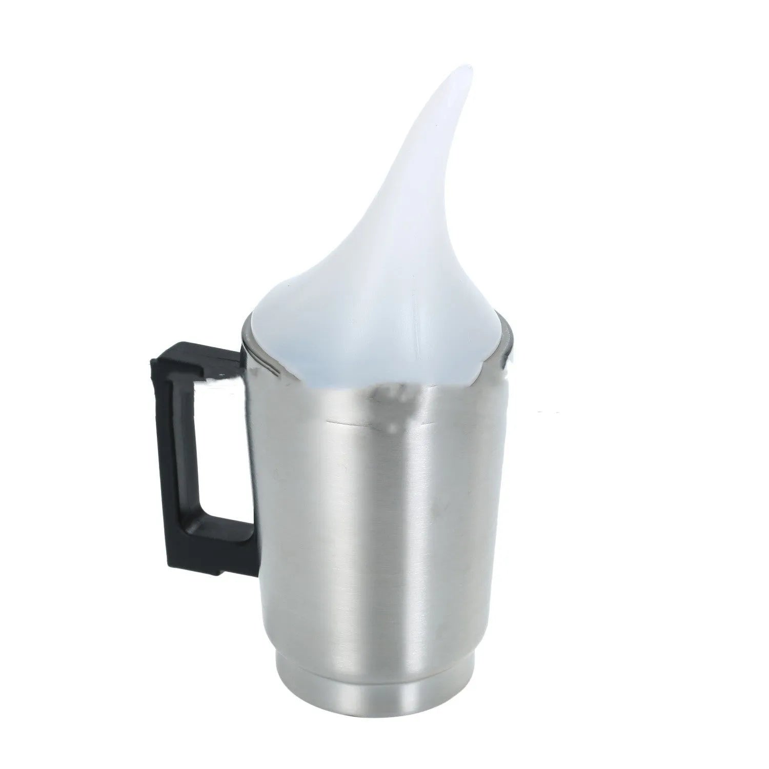 Stainless steel headlamp repair cups with elbow and funnel covers next to GB/US and European power adapters