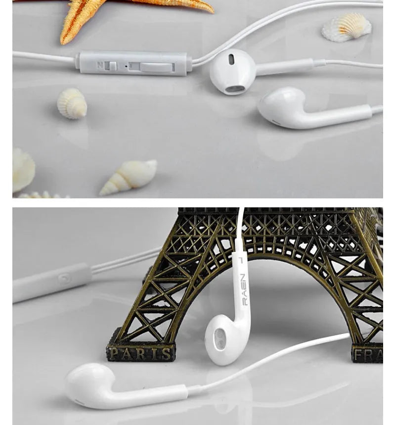 White plug-in stereo headset with 3.5mm wired connection and plastic earbuds
